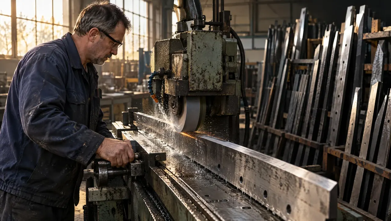 Machinist precision-grinding a long steel guillotine blade in a blade workshop