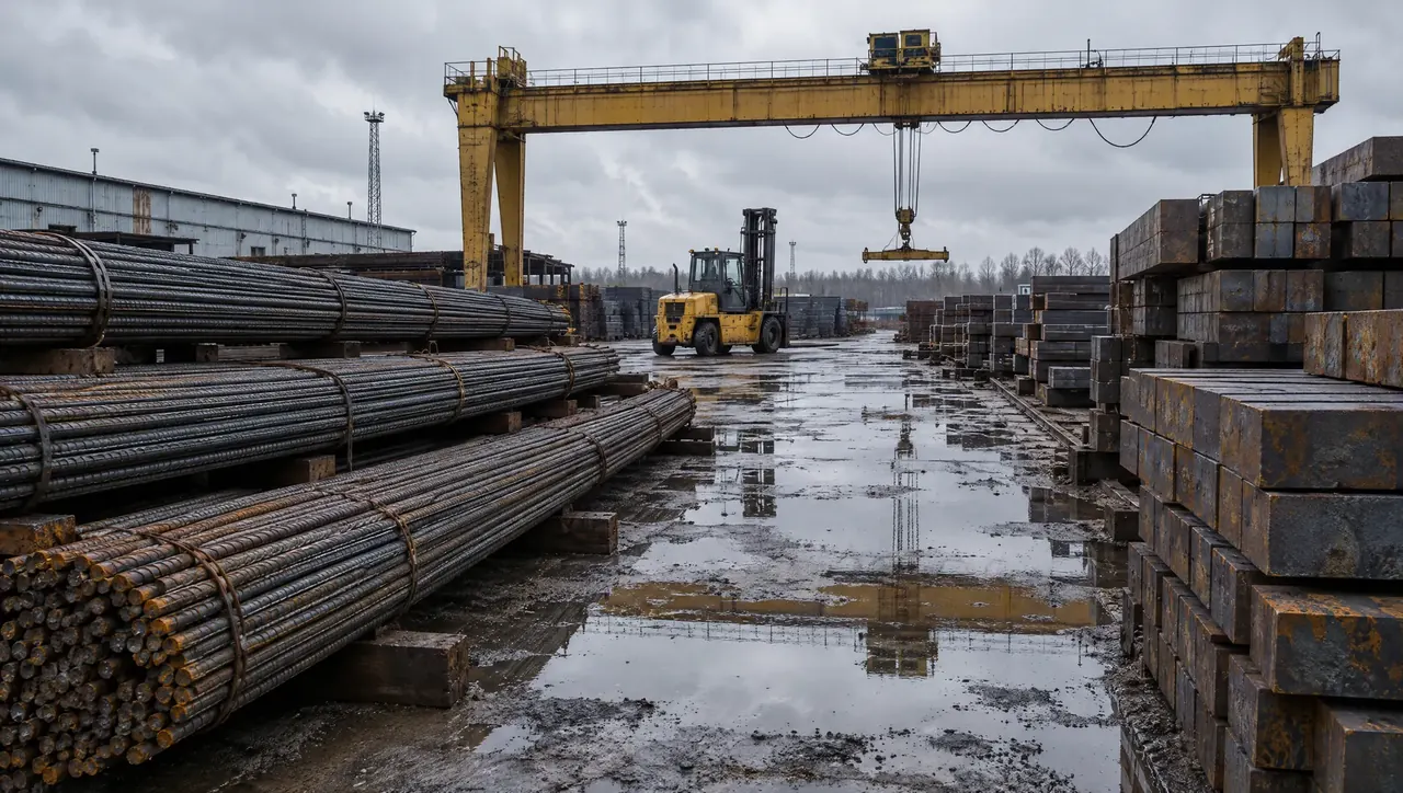 Bundles of steel rebar and billets in a stockyard with a forklift