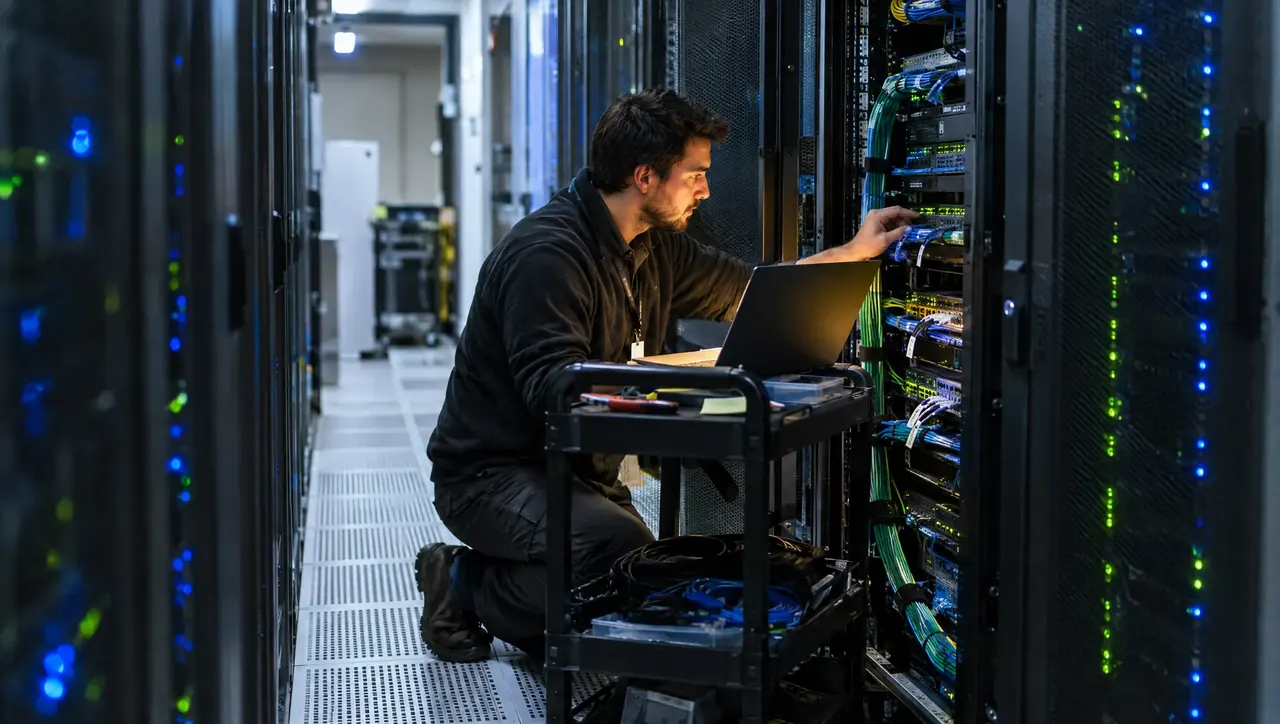 IT engineer checking cabling on a server rack with a laptop