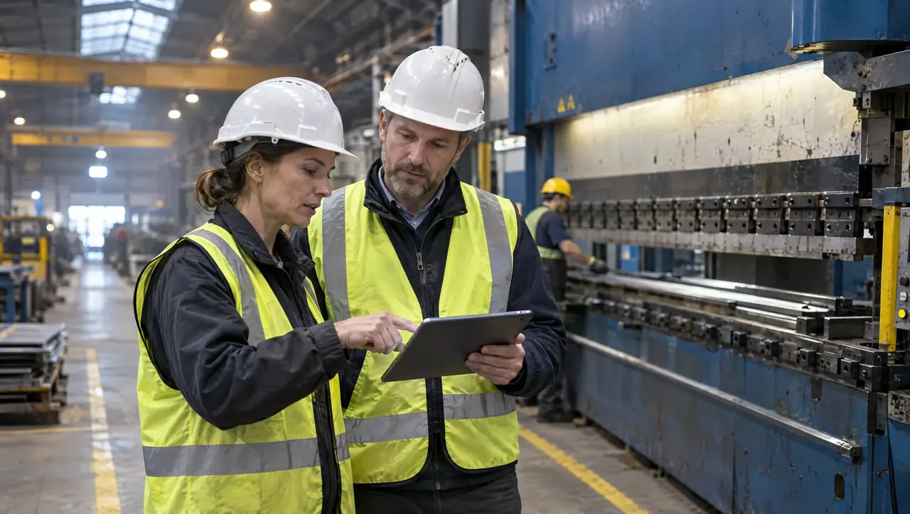 Two engineers in hard hats reviewing data beside a hydraulic press brake